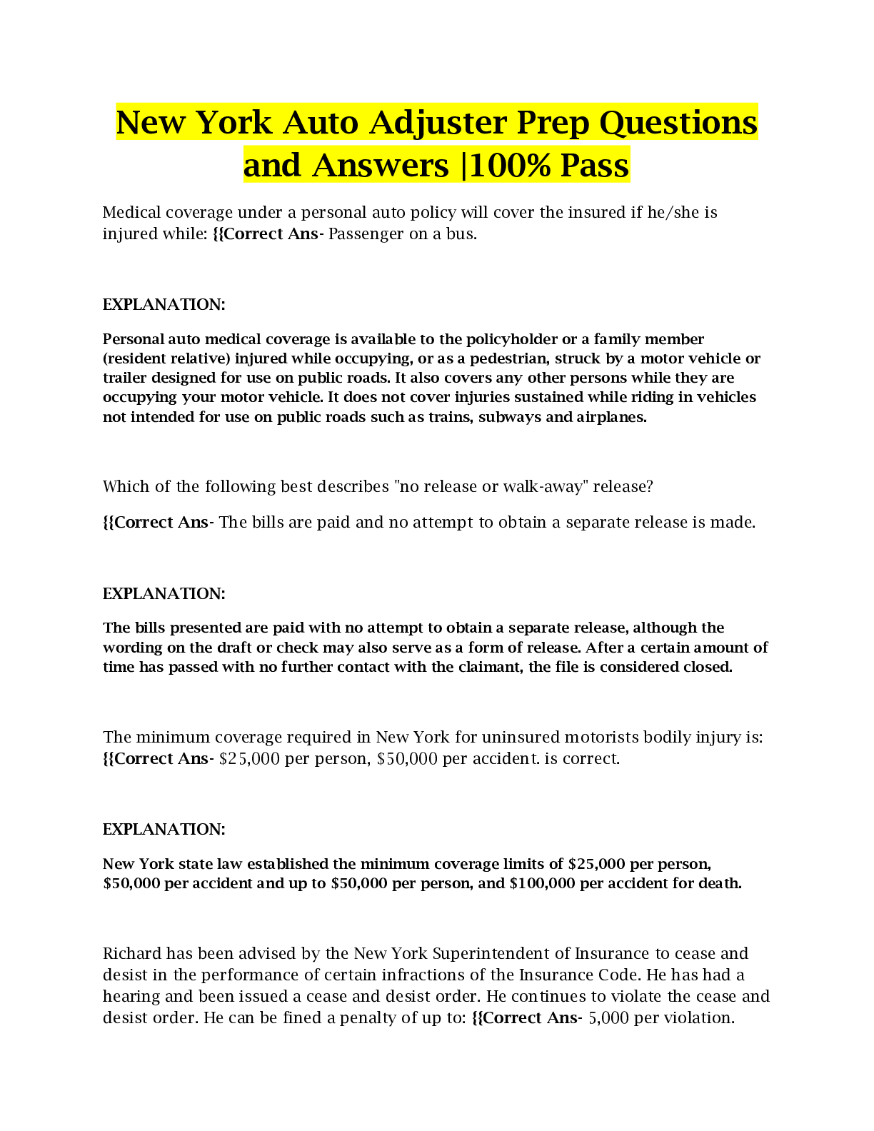 New York Auto Adjuster Prep Questions and Answers 100 Pass Browsegrades